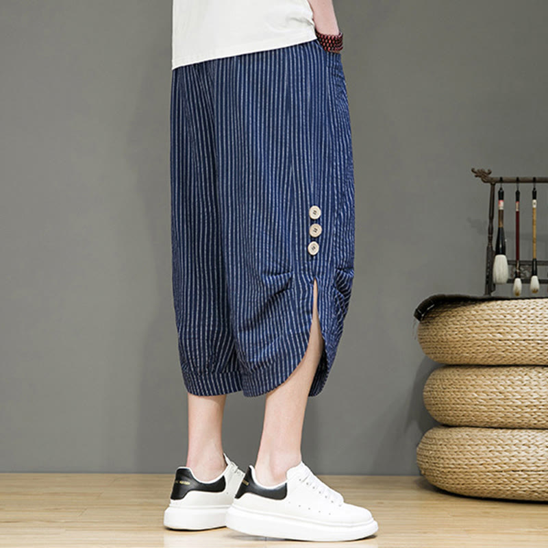 Pantalones harén de algodón para hombre, informales, con diseño de rayas blancas y botones con cordón y bolsillos - image 31