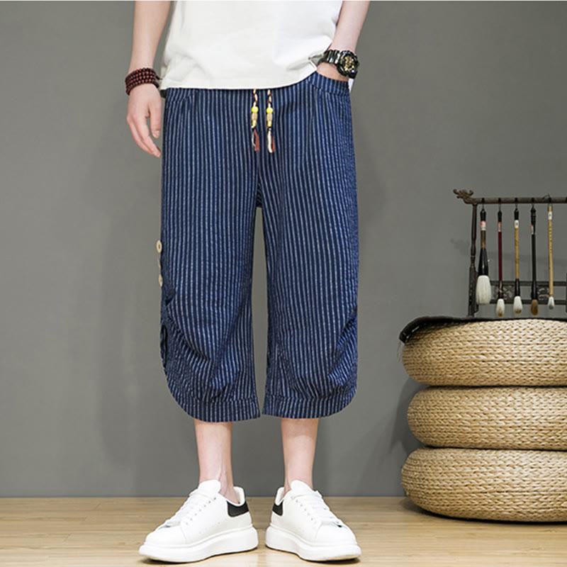 Pantalones harén de algodón para hombre, informales, con diseño de rayas blancas y botones con cordón y bolsillos - image 28