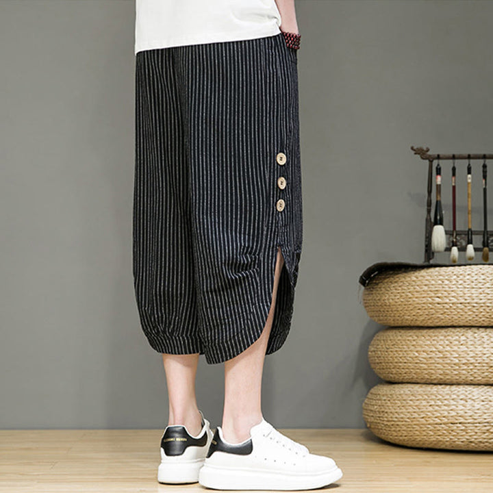 Pantalones harén de algodón para hombre, informales, con diseño de rayas blancas y botones con cordón y bolsillos - image 15