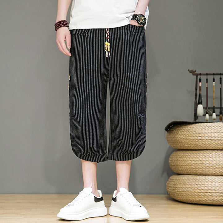 Pantalones harén de algodón para hombre, informales, con diseño de rayas blancas y botones con cordón y bolsillos - image 13