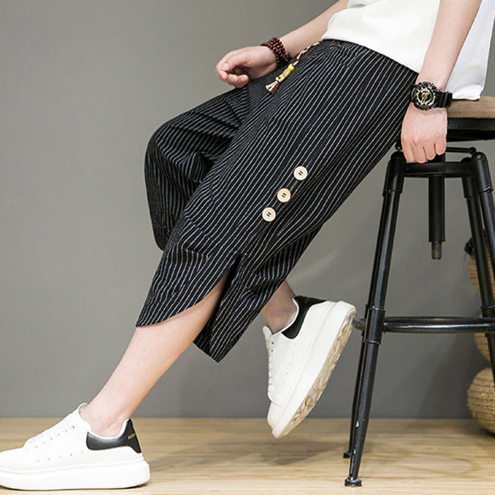 Pantalones harén de algodón para hombre, informales, con diseño de rayas blancas y botones con cordón y bolsillos - image 18