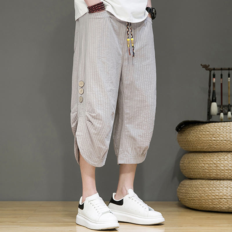 Pantalones harén de algodón para hombre, informales, con diseño de rayas blancas y botones con cordón y bolsillos - image 6