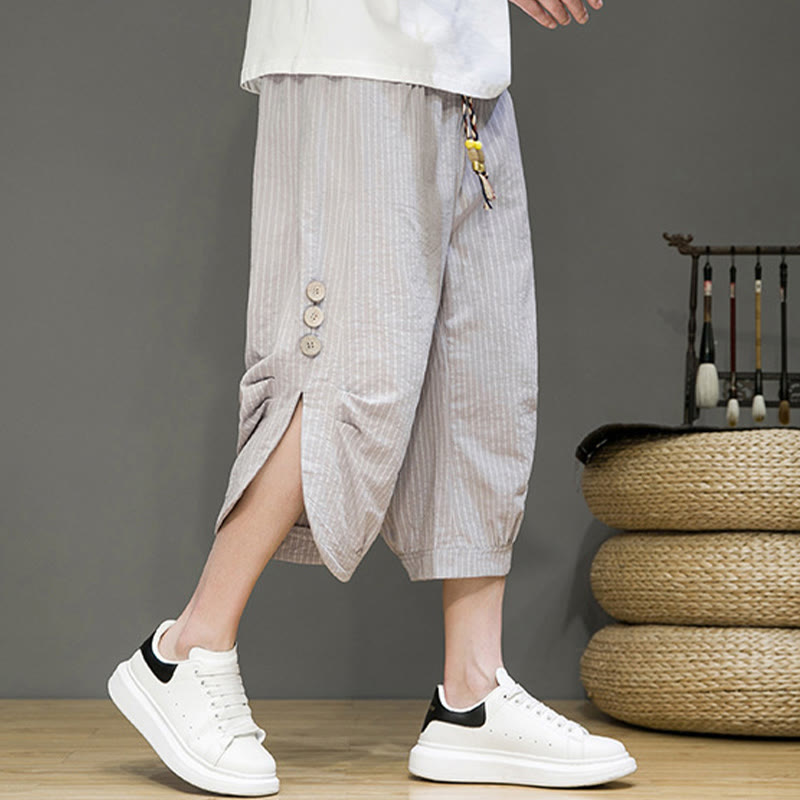 Pantalones harén de algodón para hombre, informales, con diseño de rayas blancas y botones con cordón y bolsillos - image 3