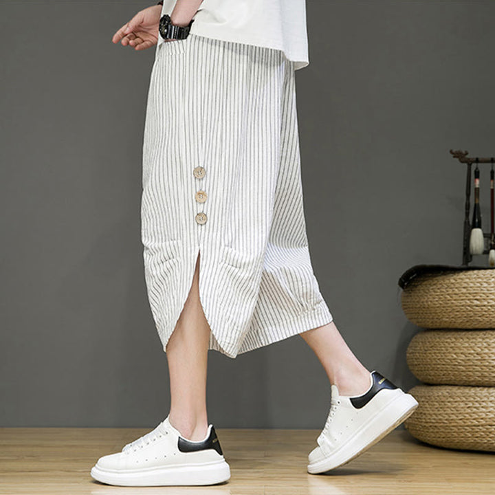 Pantalones harén de algodón para hombre, informales, con diseño de rayas blancas y botones con cordón y bolsillos - image 21