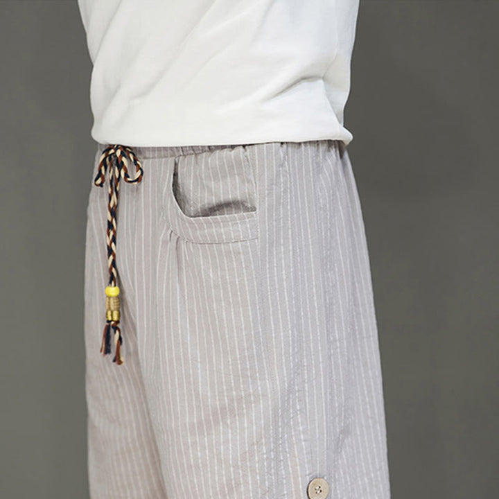 Pantalones harén de algodón para hombre, informales, con diseño de rayas blancas y botones con cordón y bolsillos - image 9
