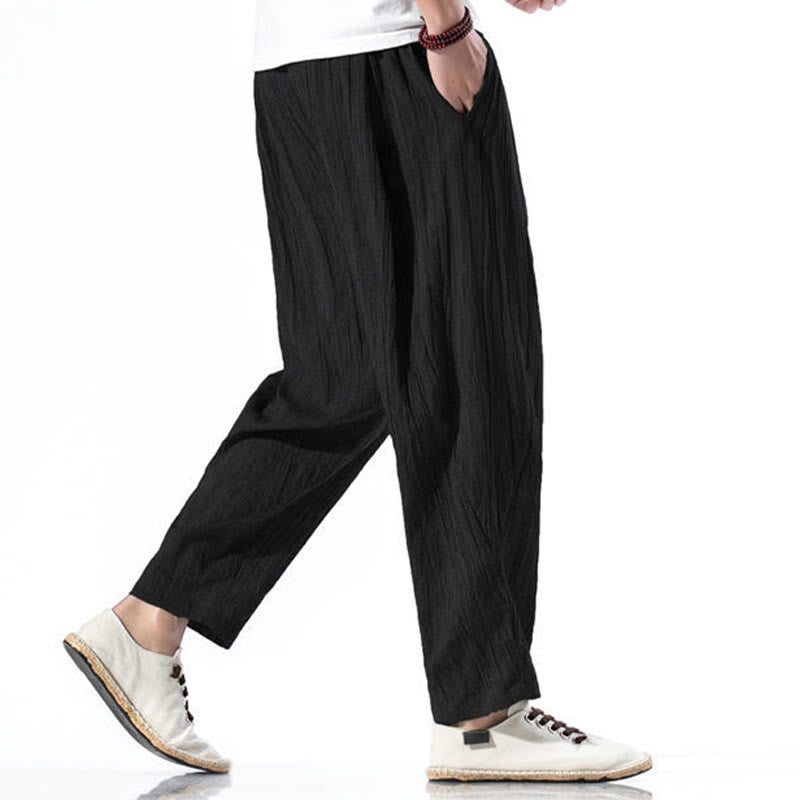 Pantalones Buddha Stones largos de lino y algodón con diseño plisado, lisos e informales, con cordón ajustable y bolsillos para hombre. - image 27