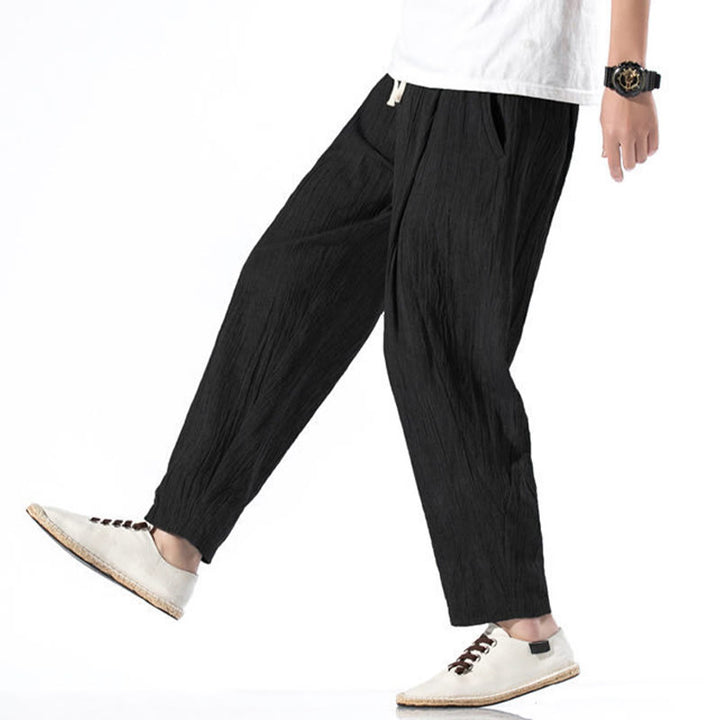 Pantalones Buddha Stones largos de lino y algodón con diseño plisado, lisos e informales, con cordón ajustable y bolsillos para hombre. - image 29
