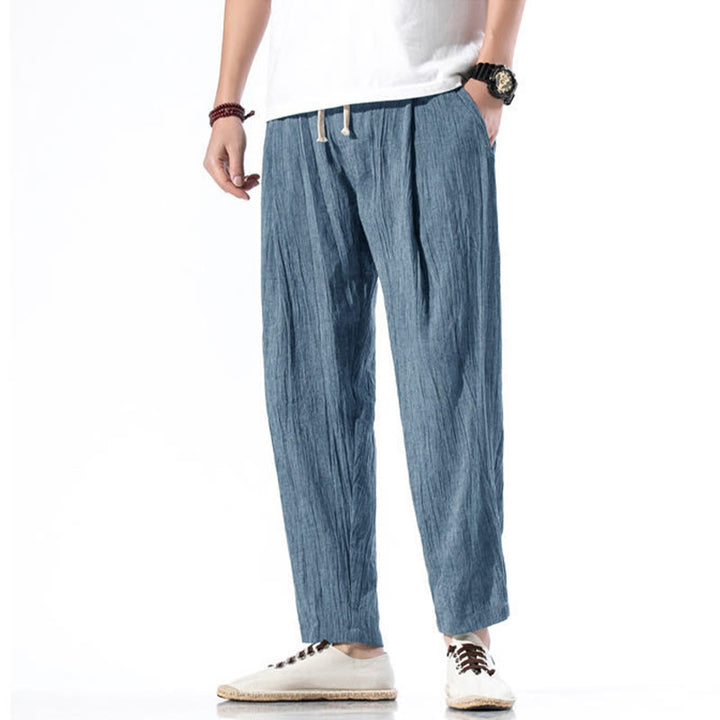 Pantalones Buddha Stones largos de lino y algodón con diseño plisado, lisos e informales, con cordón ajustable y bolsillos para hombre. - image 32