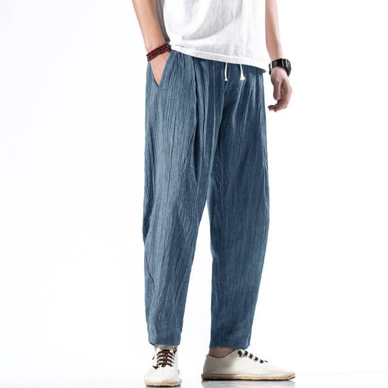 Pantalones Buddha Stones largos de lino y algodón con diseño plisado, lisos e informales, con cordón ajustable y bolsillos para hombre. - image 33