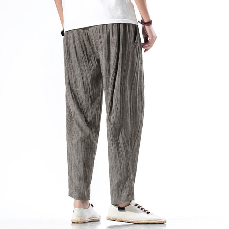 Pantalones Buddha Stones largos de lino y algodón con diseño plisado, lisos e informales, con cordón ajustable y bolsillos para hombre. - image 22