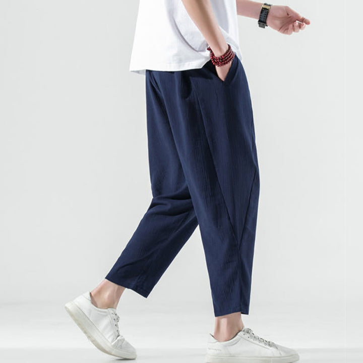 Pantalones Buddha Stones largos de lino y algodón con diseño plisado, lisos e informales, con cordón ajustable y bolsillos para hombre. - image 42