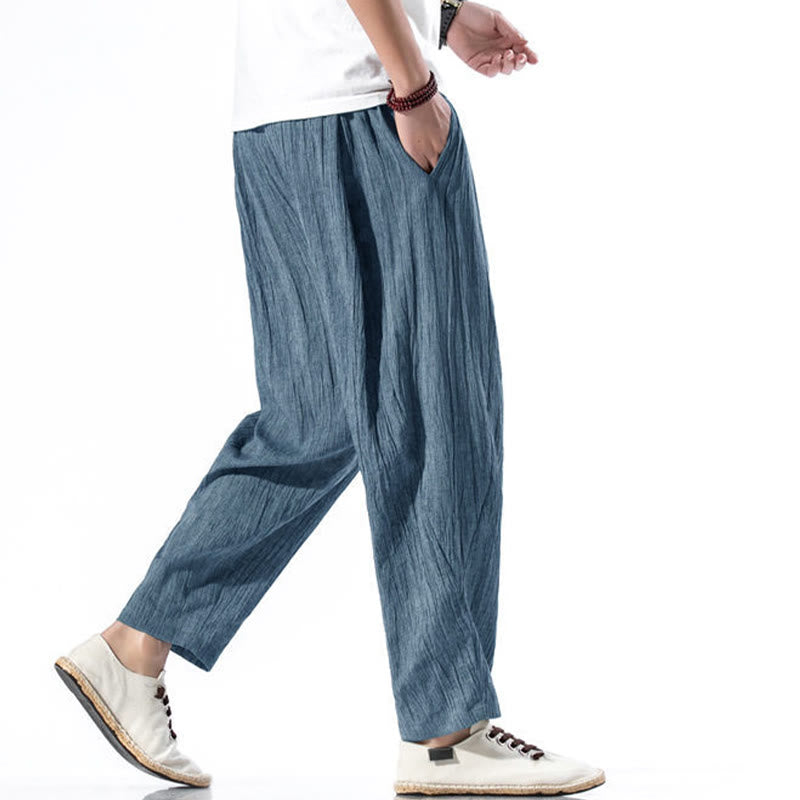 Pantalones Buddha Stones largos de lino y algodón con diseño plisado, lisos e informales, con cordón ajustable y bolsillos para hombre. - image 36