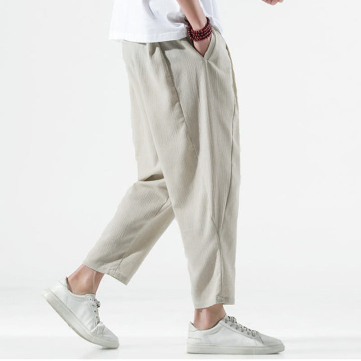 Pantalones Buddha Stones largos de lino y algodón con diseño plisado, lisos e informales, con cordón ajustable y bolsillos para hombre. - image 3