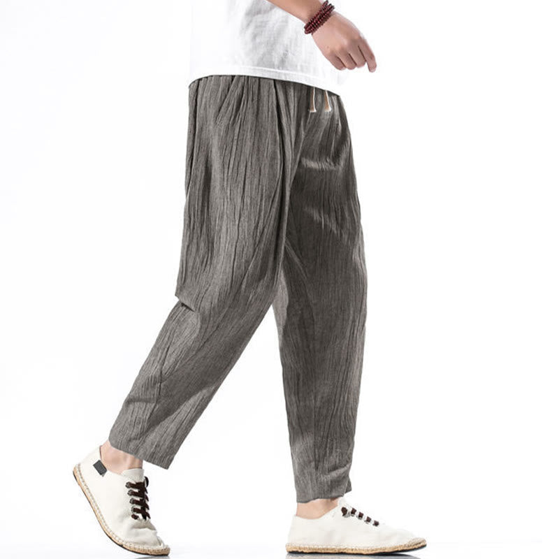 Pantalones Buddha Stones largos de lino y algodón con diseño plisado, lisos e informales, con cordón ajustable y bolsillos para hombre. - image 20