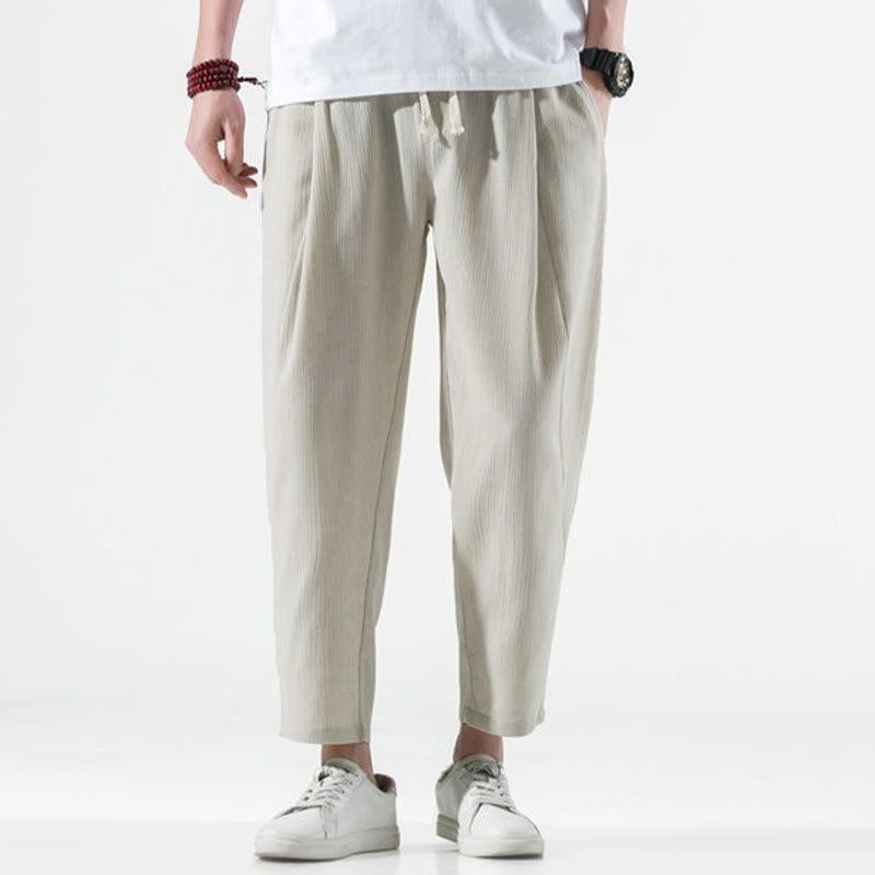 Pantalones Buddha Stones largos de lino y algodón con diseño plisado, lisos e informales, con cordón ajustable y bolsillos para hombre. - image 2