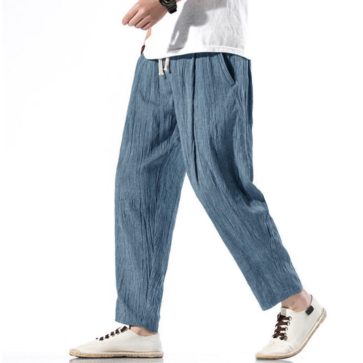 Pantalones Buddha Stones largos de lino y algodón con diseño plisado, lisos e informales, con cordón ajustable y bolsillos para hombre. - image 35