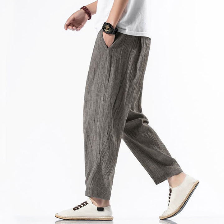 Pantalones Buddha Stones largos de lino y algodón con diseño plisado, lisos e informales, con cordón ajustable y bolsillos para hombre. - image 19