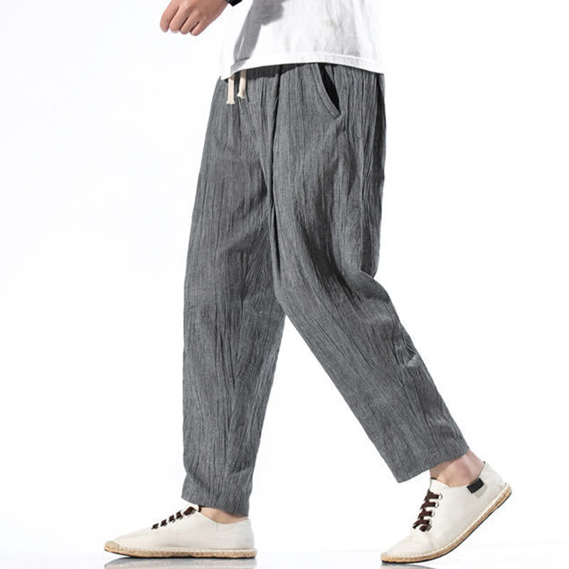 Pantalones Buddha Stones largos de lino y algodón con diseño plisado, lisos e informales, con cordón ajustable y bolsillos para hombre. - image 9