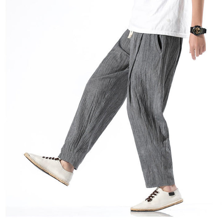 Pantalones Buddha Stones largos de lino y algodón con diseño plisado, lisos e informales, con cordón ajustable y bolsillos para hombre. - image 10