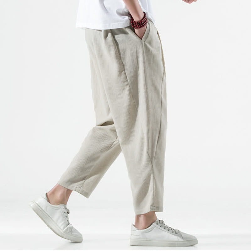 Pantalones Buddha Stones largos de lino y algodón con diseño plisado, lisos e informales, con cordón ajustable y bolsillos para hombre. - image 3