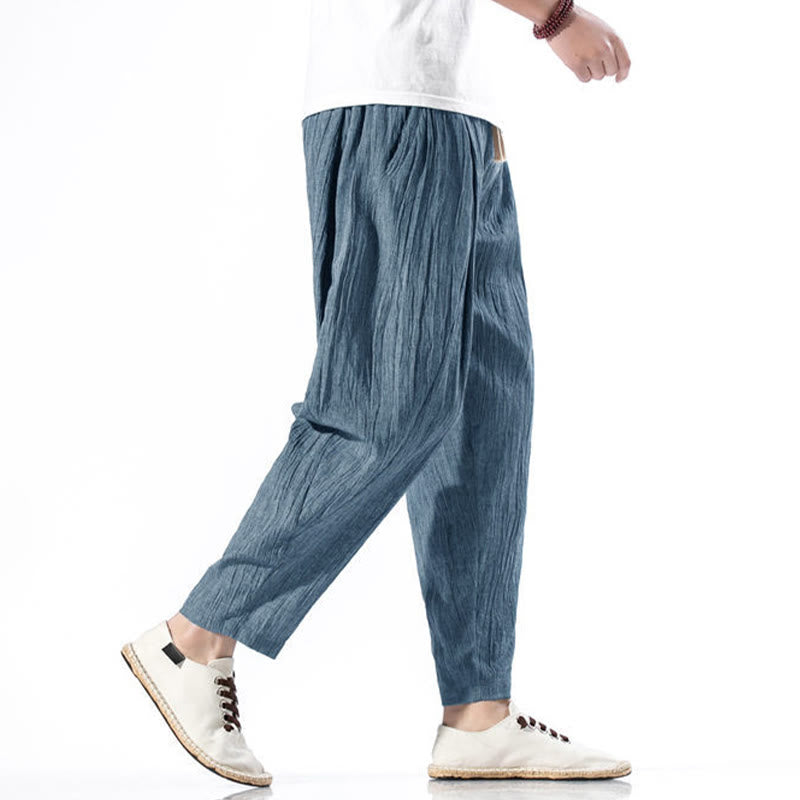 Pantalones Buddha Stones largos de lino y algodón con diseño plisado, lisos e informales, con cordón ajustable y bolsillos para hombre. - image 37