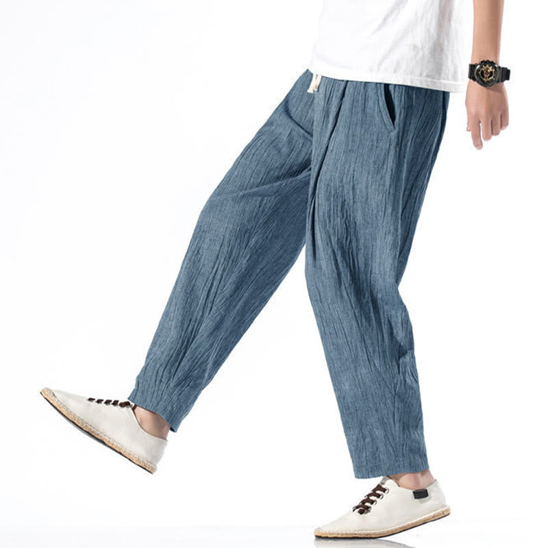 Pantalones Buddha Stones largos de lino y algodón con diseño plisado, lisos e informales, con cordón ajustable y bolsillos para hombre. - image 34