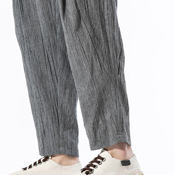 Pantalones Buddha Stones largos de lino y algodón con diseño plisado, lisos e informales, con cordón ajustable y bolsillos para hombre. - image 14