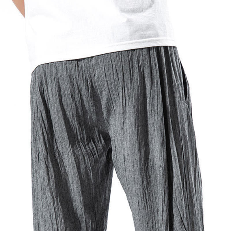 Pantalones Buddha Stones largos de lino y algodón con diseño plisado, lisos e informales, con cordón ajustable y bolsillos para hombre. - image 13