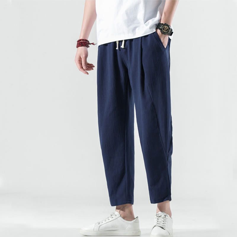 Pantalones Buddha Stones largos de lino y algodón con diseño plisado, lisos e informales, con cordón ajustable y bolsillos para hombre. - image 39