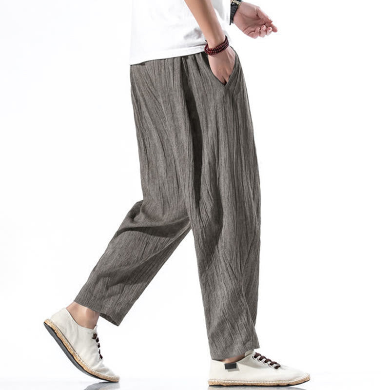 Pantalones Buddha Stones largos de lino y algodón con diseño plisado, lisos e informales, con cordón ajustable y bolsillos para hombre. - image 18