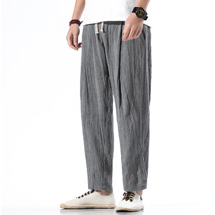 Pantalones Buddha Stones largos de lino y algodón con diseño plisado, lisos e informales, con cordón ajustable y bolsillos para hombre. - image 7