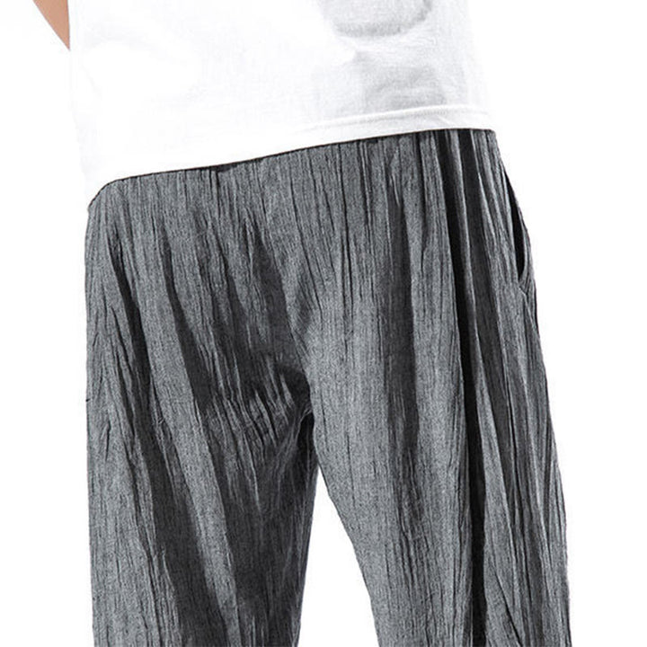 Pantalones Buddha Stones largos de lino y algodón con diseño plisado, lisos e informales, con cordón ajustable y bolsillos para hombre. - image 13
