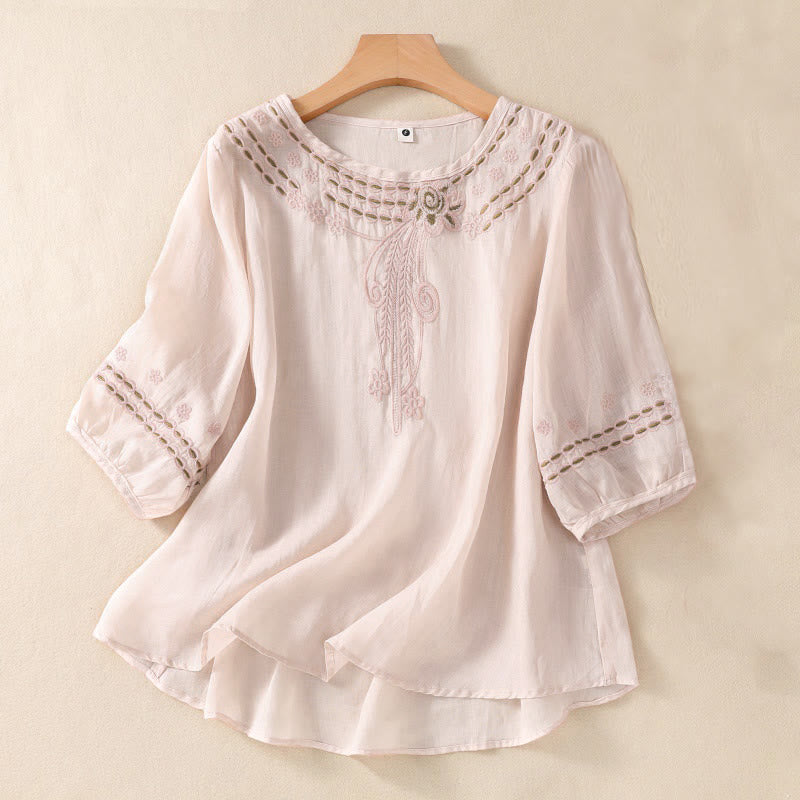 Camisa de lino y algodón de media manga con diseño hueco y cuello redondo para mujer de Buddha Stones - MistyRose - US8-10，UK/AU12-14，EU40-42 (2XL) - image 0