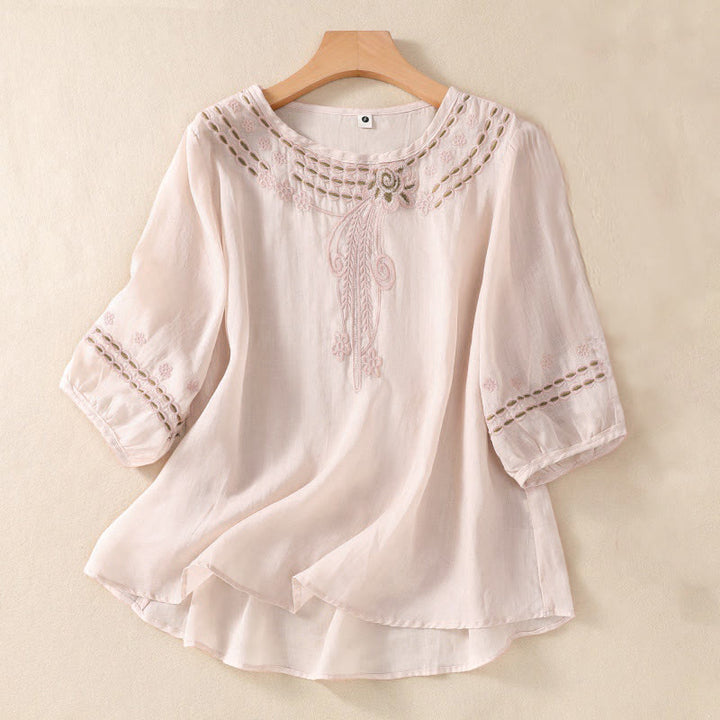 Camisa de lino y algodón de media manga con diseño hueco y cuello redondo para mujer de Buddha Stones - MistyRose - US8-10，UK/AU12-14，EU40-42 (2XL) - image 0