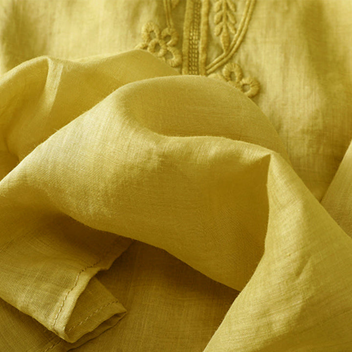 Camisa de lino y algodón de media manga con diseño hueco y cuello redondo para mujer de Buddha Stones - image 17