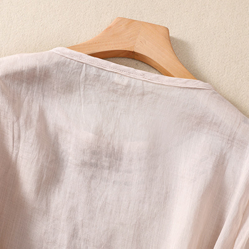 Camisa de lino y algodón de media manga con diseño hueco y cuello redondo para mujer de Buddha Stones - image 5