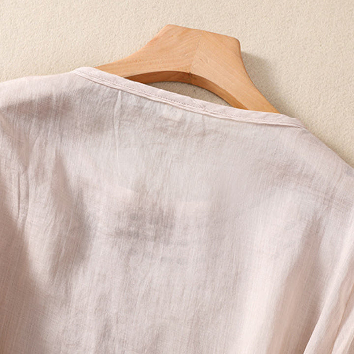 Camisa de lino y algodón de media manga con diseño hueco y cuello redondo para mujer de Buddha Stones - image 5