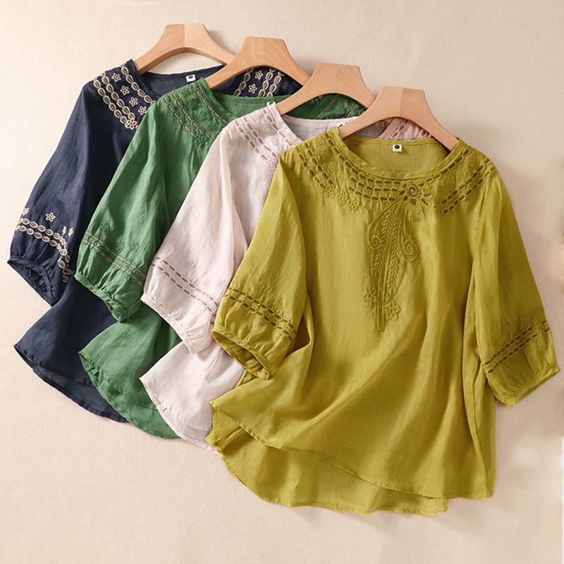 Camisa de lino y algodón de media manga con diseño hueco y cuello redondo para mujer de Buddha Stones - image 24