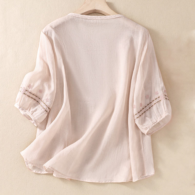 Camisa de lino y algodón de media manga con diseño hueco y cuello redondo para mujer de Buddha Stones - image 2