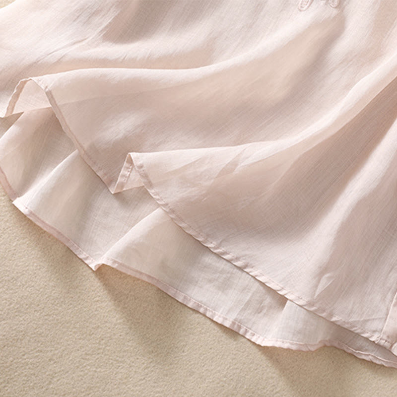 Camisa de lino y algodón de media manga con diseño hueco y cuello redondo para mujer de Buddha Stones - image 6