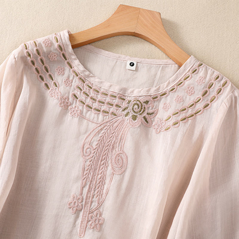 Camisa de lino y algodón de media manga con diseño hueco y cuello redondo para mujer de Buddha Stones - image 3