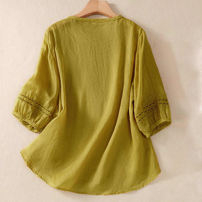 Camisa de lino y algodón de media manga con diseño hueco y cuello redondo para mujer de Buddha Stones - image 15