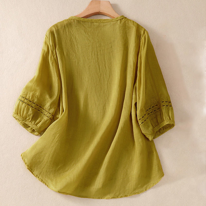 Camisa de lino y algodón de media manga con diseño hueco y cuello redondo para mujer de Buddha Stones - image 15