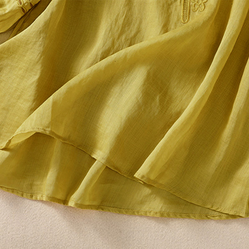 Camisa de lino y algodón de media manga con diseño hueco y cuello redondo para mujer de Buddha Stones - image 18