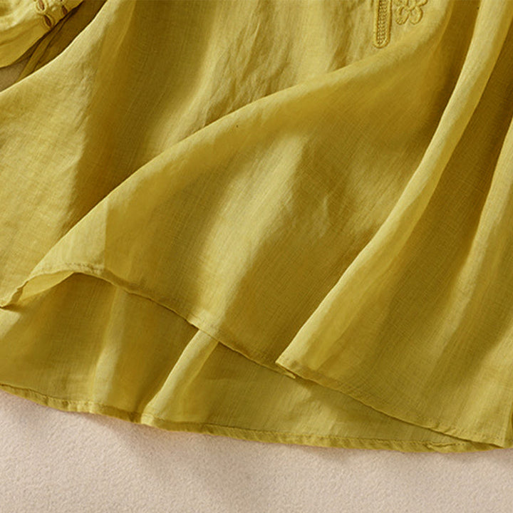 Camisa de lino y algodón de media manga con diseño hueco y cuello redondo para mujer de Buddha Stones - image 18