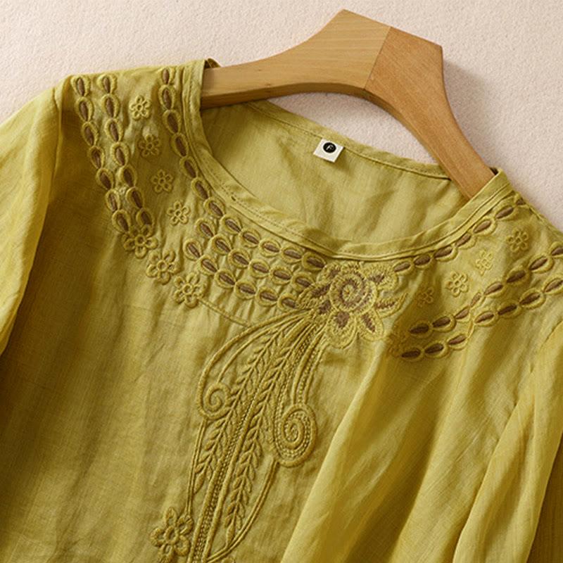 Camisa de lino y algodón de media manga con diseño hueco y cuello redondo para mujer de Buddha Stones - image 16