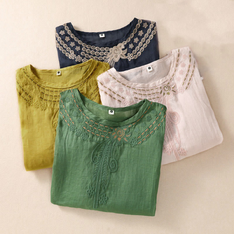 Camisa de lino y algodón de media manga con diseño hueco y cuello redondo para mujer de Buddha Stones - image 25