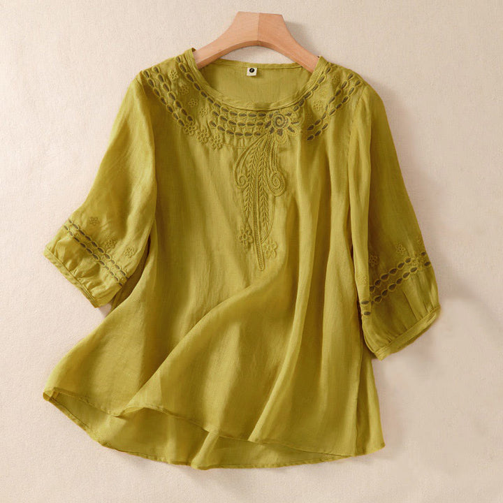 Camisa de lino y algodón de media manga con diseño hueco y cuello redondo para mujer de Buddha Stones - Vara de oro - US8-10，UK/AU12-14，EU40-42 (2XL) - image 14