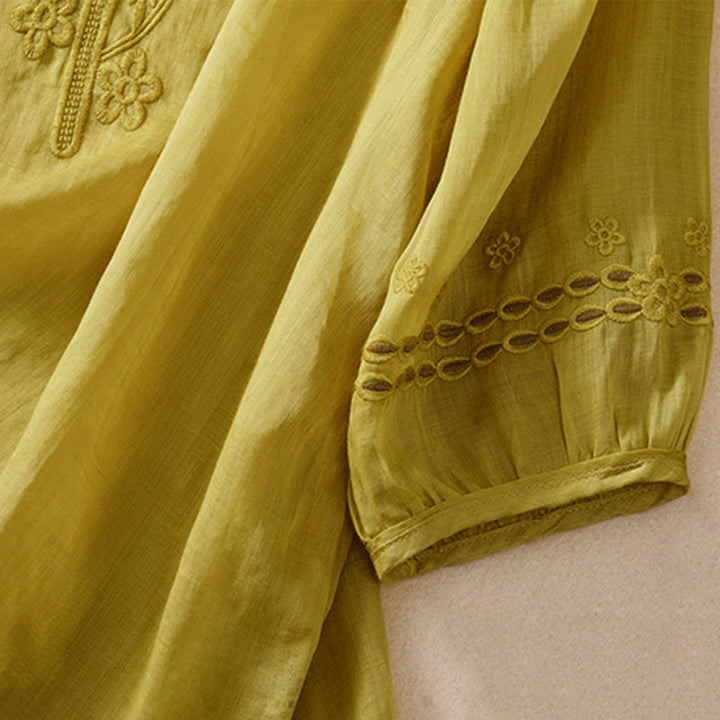 Camisa de lino y algodón de media manga con diseño hueco y cuello redondo para mujer de Buddha Stones - image 19