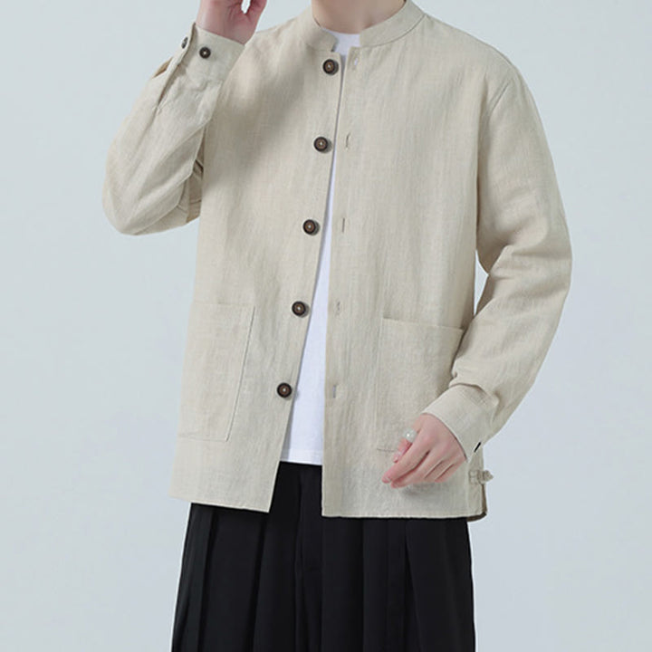 Chaqueta y camisa con botones y bolsillos de Buddha Stones para hombre, de lino y algodón con forro polar - image 9